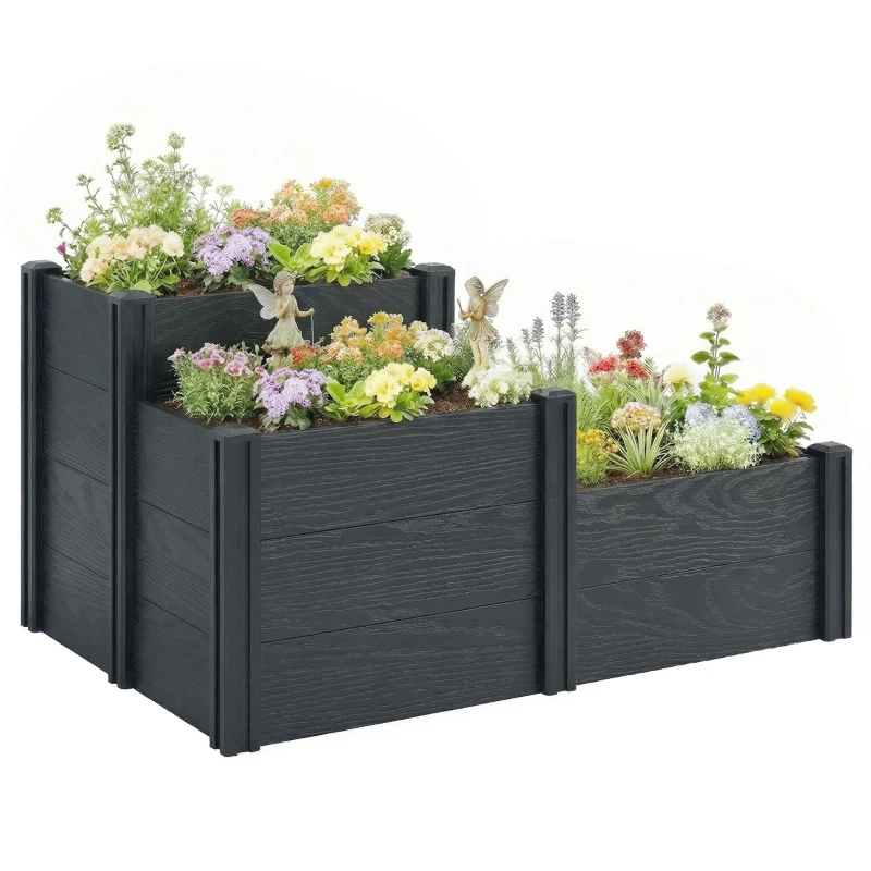 Outsunny Jardinière surélevée, lit de jardin à 3 niveaux avec fond ouvert pour fleurs, légumes, 120 x 80 x 64 cm, effet bois gris