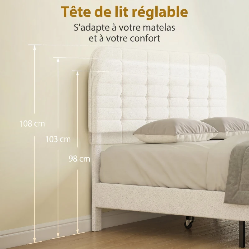 HOMCOM Cadre de lit 160x200cm avec sommier, tête de lit réglable, lit double rembourré en velours teddy, lattes en bois, blanc