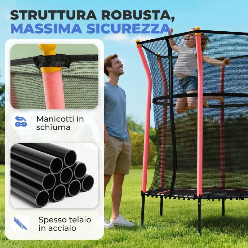 HOMCOM Tappeto Elastico per Bambini con Ingresso a Cerniera e Pali Imbottiti, Ø163.5x190 cm, Rosso