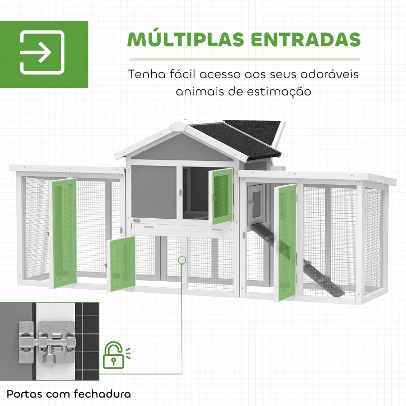 PawHut Galinheiro Grande para Exterior em Madeira 204x85x93 cm com Caixa de Ninho Cercado Bandeja Removível e Poleiro Cinzento