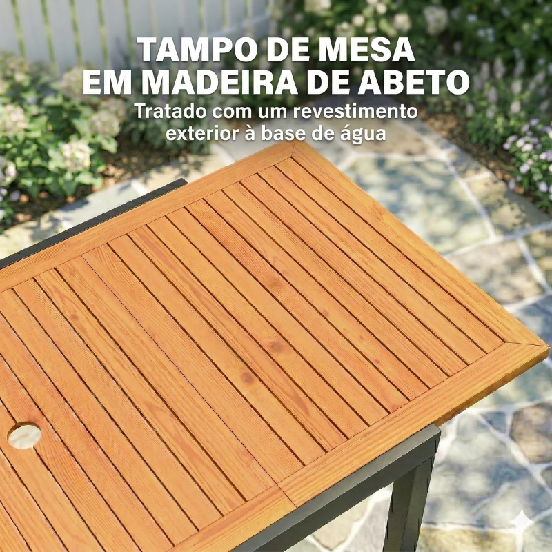 Outsunny Mesa de Jardim Extensível 100/150x70 cm em Madeira e Metal com Orifício para Guarda-Sol para 4-6 Pessoas Teca