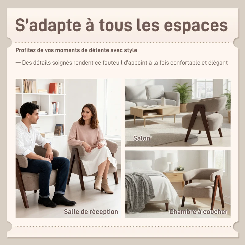 HOMCOM Fauteuil de salon en tissu bouclette, chaise rembourrée, assise large, dossier ergonomique, 70 x 64 x 71 cm, marron