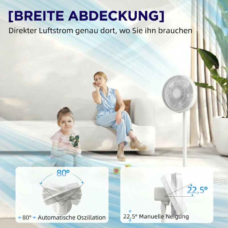HOMCOM Ventoinha de Pé com Controlo Remoto Altura Ajustável 4 Velocidades Oscilação 80° Temporizador 10H 40x40x118,5 cm Branco