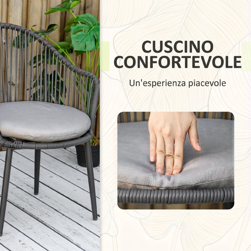 Outsunny Salotto da Giardino in Rattan con 2 Poltroncine con Cuscini e Tavolino da Caffè in Vetro, Grigio