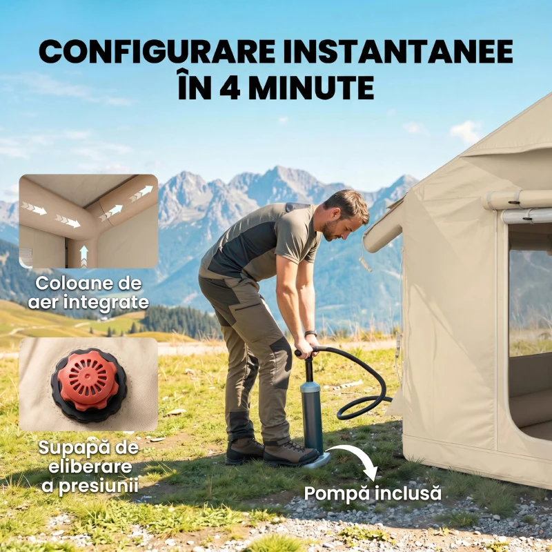 Outsunny Corturi Gonflabile Impermeabile pentru Glamping cu Orificiu pentru Sobă pentru 6-8 Persoane