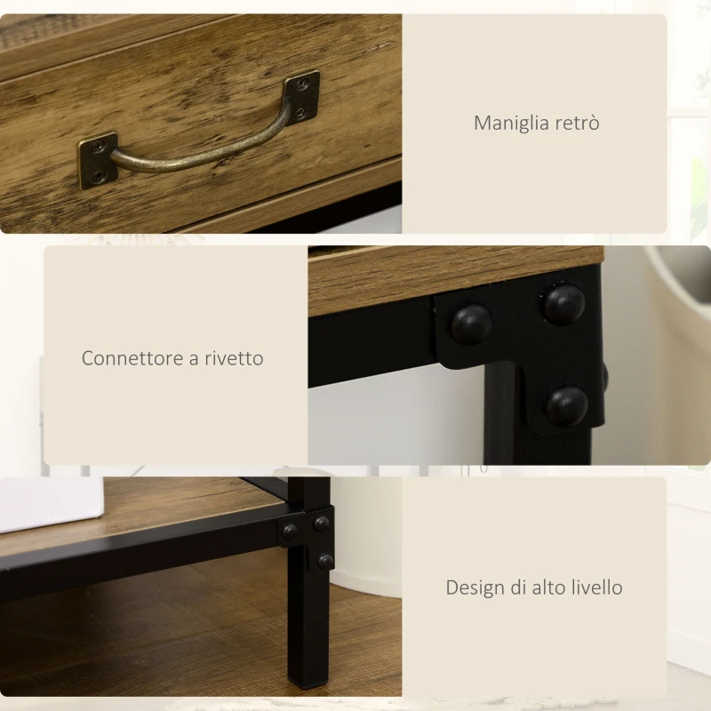 HOMCOM Tavolo Consolle Stile Vintage in Metallo e Legno con 2 Cassetti e Mensola, 100x35x76.5cm, Marrone
