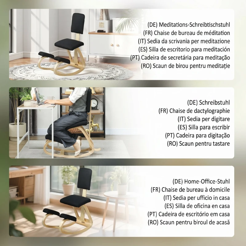 HOMCOM Silla Ergonómica de Rodillas con Respaldo Cojines Acolchados Marco de Madera para una Mejor Postura Oficina Negro