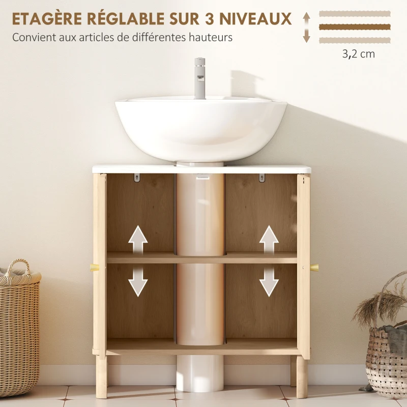 HOMCOM Meuble sous lavabo meuble de salle de bain sous vasque étagère réglable plan de toilette effet marbre 60x30x63cm chêne