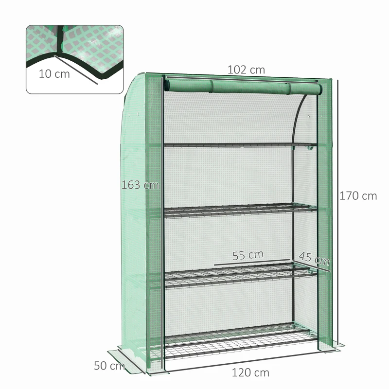 Outsunny Mini Serra a 4 livelli da Giardino con telo PE rinforzato, Porta Avvolgibile e Ripiani, 120x50x170 cm, Verde