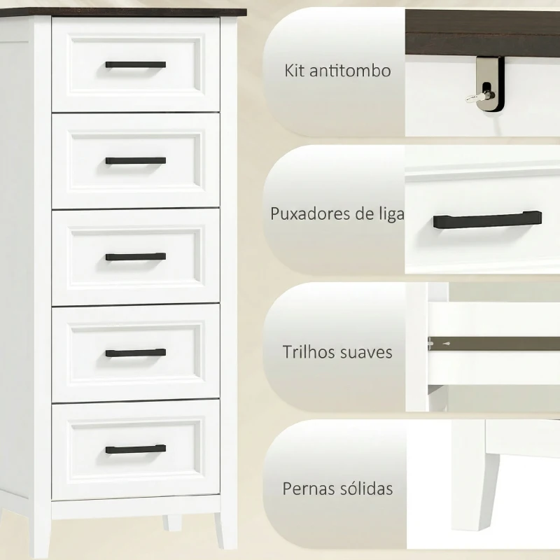 HOMCOM Cómoda 5 Gavetas Cómoda de Dormitório Estreita e Alta com Bancada com Efeito Madeira 45x35x106 cm Branco