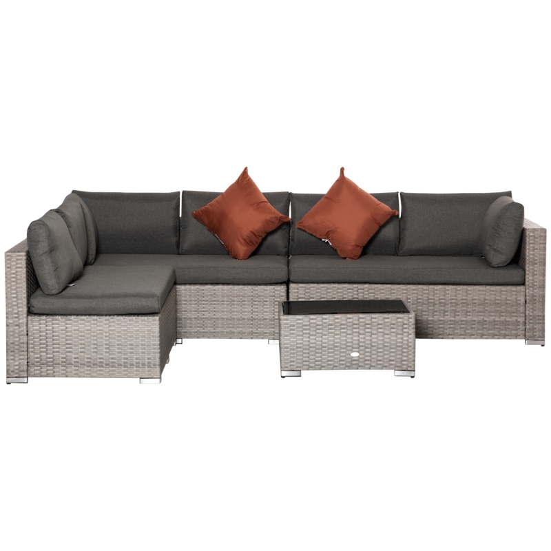 Outsunny 6 Seater Patio PE Rattan Wicker Sofa Set, Outdoor All Weather Conservatory Furniture, w/ Tempered Glass Coffee Table & Cushions, Deep Grey