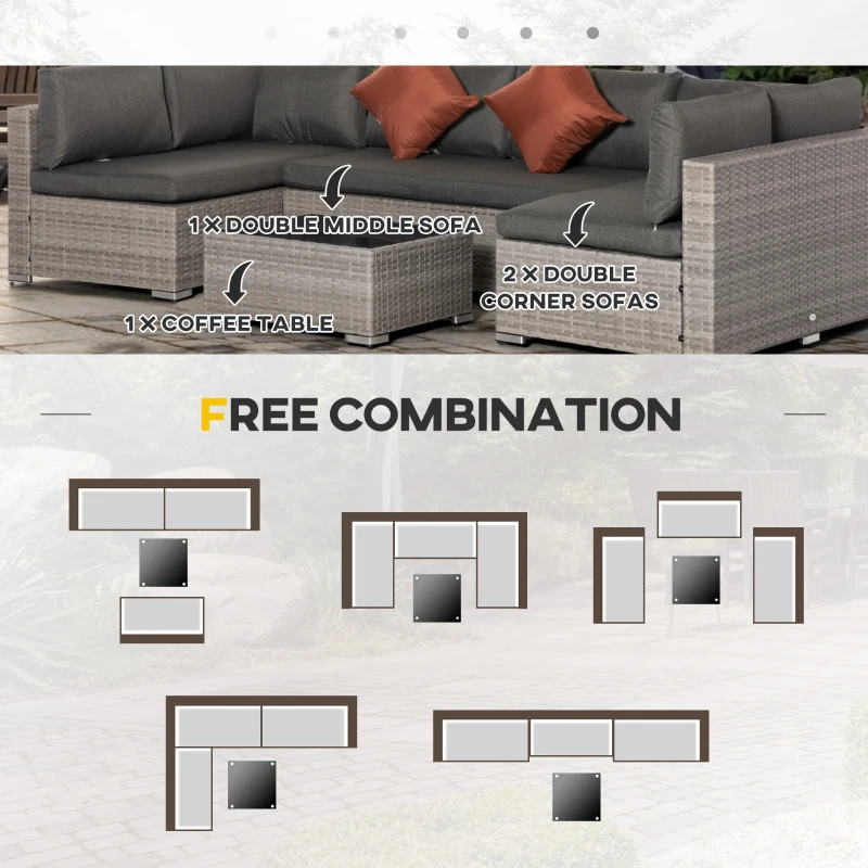 Outsunny 6 Seater Patio PE Rattan Wicker Sofa Set, Outdoor All Weather Conservatory Furniture, w/ Tempered Glass Coffee Table & Cushions, Deep Grey