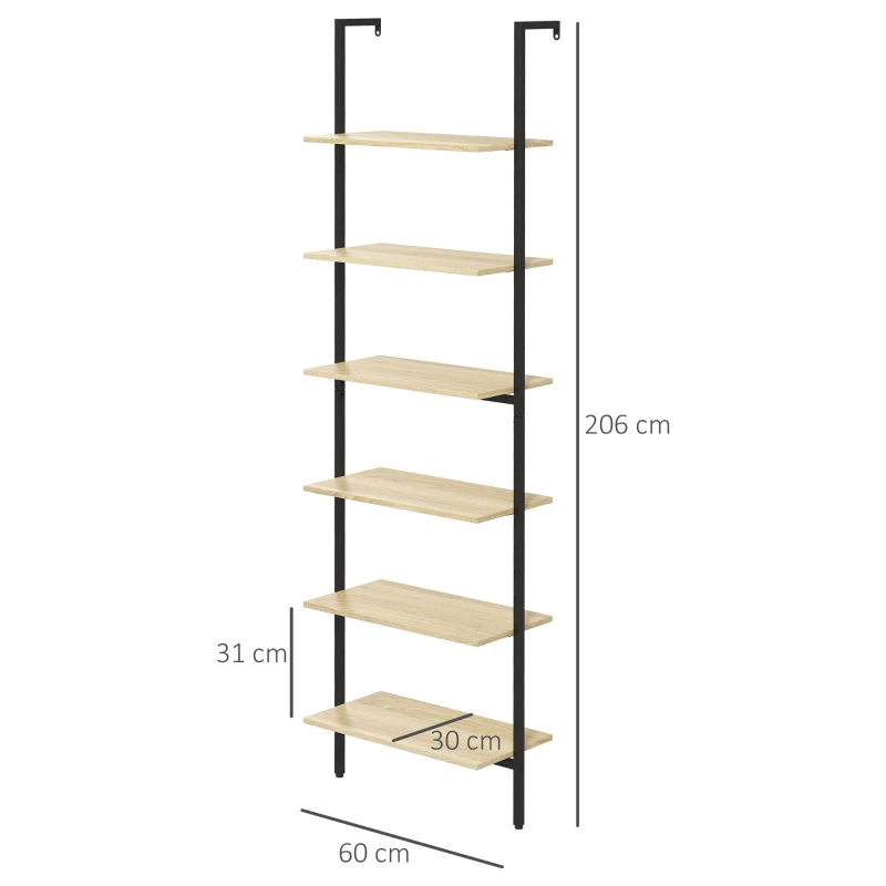 HOMCOM Scaffale Libreria Industriale da parete con 6 ripiani in Acciaio, 60x30x206 cm, Legno Naturale