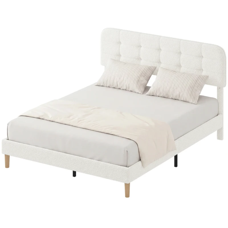 HOMCOM Estrutura de cama 160x200cm com estrado, cabeceira ajustável, cama de casal estofada em veludo teddy, ripas de madeira, branco