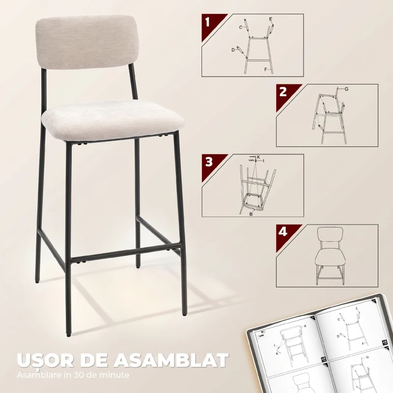 HOMCOM, Set 2 Scaune de Bar cu Spătar Înalt, Suport pentru Picioare, Chenille, oțel, 45.5 x 48 x 101cm, Crem