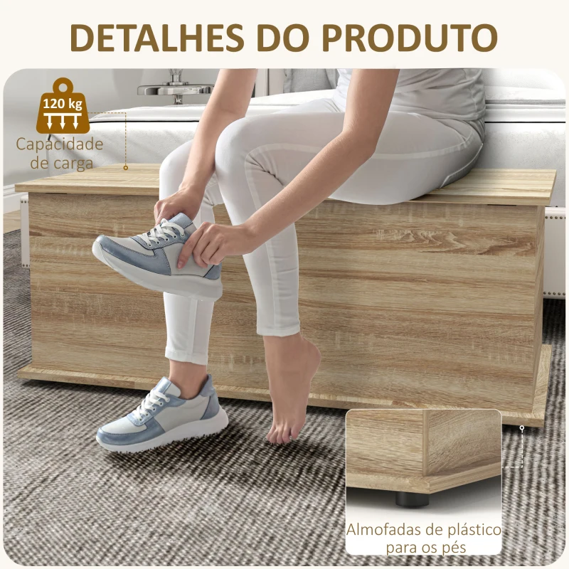 HOMCOM Banco de Arrumação com Dobradiça de Segurança Estilo Moderno para Corredor Quarto Sala 100x40x40 cm Carvalho