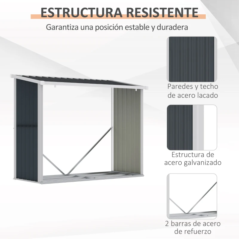 Outsunny Casetilla para Leña Acero Galvanizado Cobertizo Leñero de Almacenamiento de Troncos con Techo Inclinado para Jardín Terraza Exterior 185x84x148,5 cm Gris