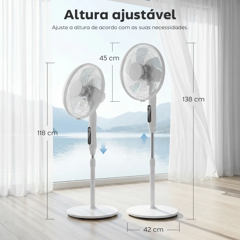 HOMCOM Ventoinha de Pé com Controlo Remoto Função Wifi Altura Ajustável 3 Velocidades 3 Modos Oscilação Temporizador Branco