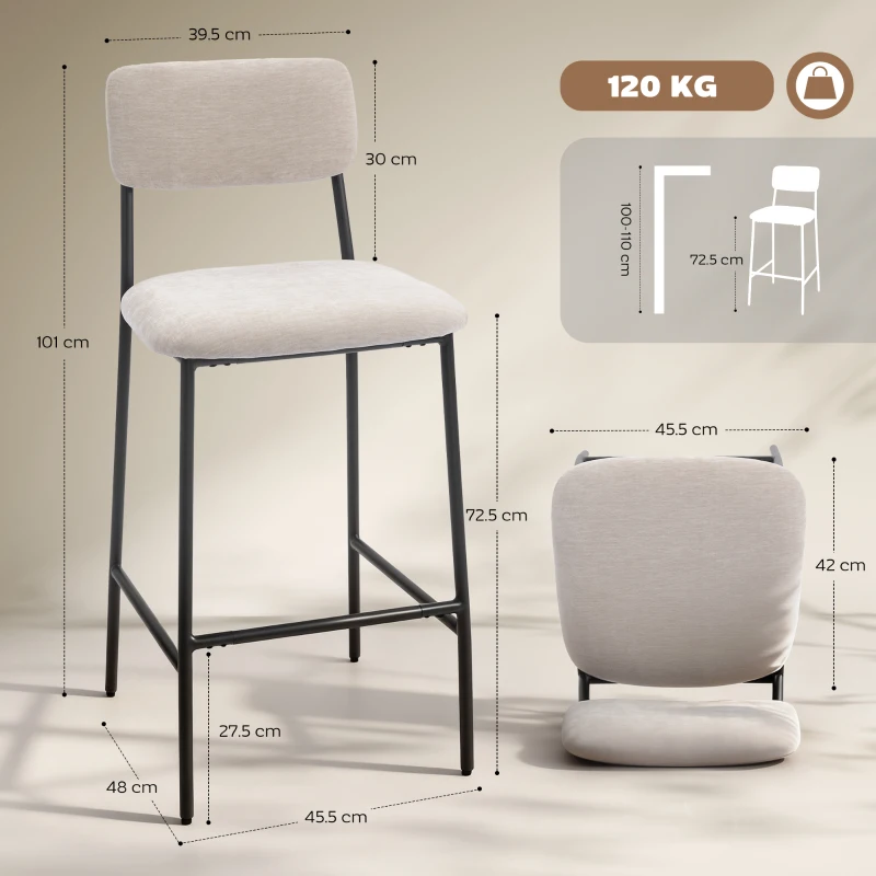 HOMCOM, Set 2 Scaune de Bar cu Spătar Înalt, Suport pentru Picioare, Chenille, oțel, 45.5 x 48 x 101cm, Crem