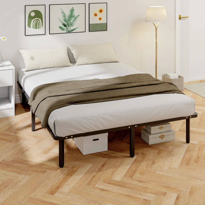 HOMCOM Cadre de lit 160 x 200 cm, lit 2 personnes avec sommier à lattes en bois massif et pied, avec rangement au-dessous, noir
