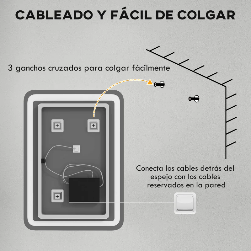 HOMCOM Espejo de Baño con Luces LED 50x70 cm Espejo de Pared Antivaho con 3 Temperaturas de Color Regulable Función de Memoria