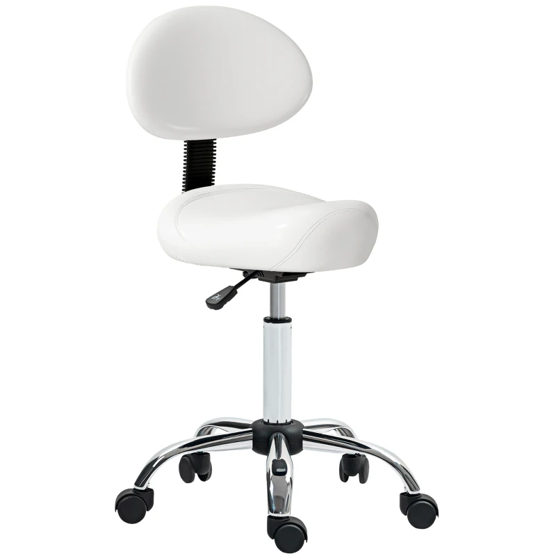 HOMCOM Taburete Giratorio con Respaldo y Ruedas Silla Ajustable para Salones de Belleza Estudio de Tatuajes 50x50x83-98cm Blanco