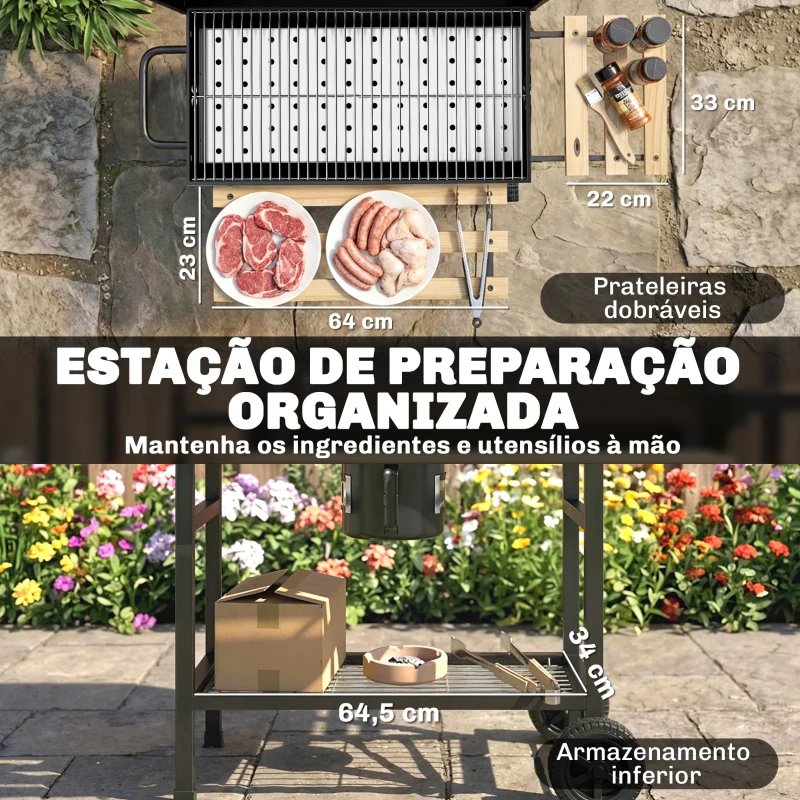 Outsunny Barbecue a Carvão Portátil Barril com Espeto Elétrico, Prateleiras Dobráveis Rodas e Termómetro