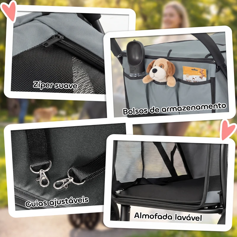 PawHut Carrinho para Cães Dobrável com 3 Rodas Janelas de Rede Almofada Lavável Todo-o-Terreno Carga 20 kg 92x63x95 cm Cinzento