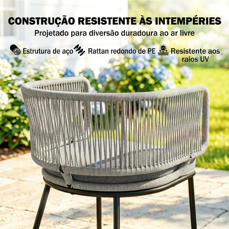 Outsunny Conjunto de 2 Cadeiras de Jardim em Rattan com Almofadas, Apoios de Braços e Estrutura em Aço para Terraço 46x58x72 cm Cinzento