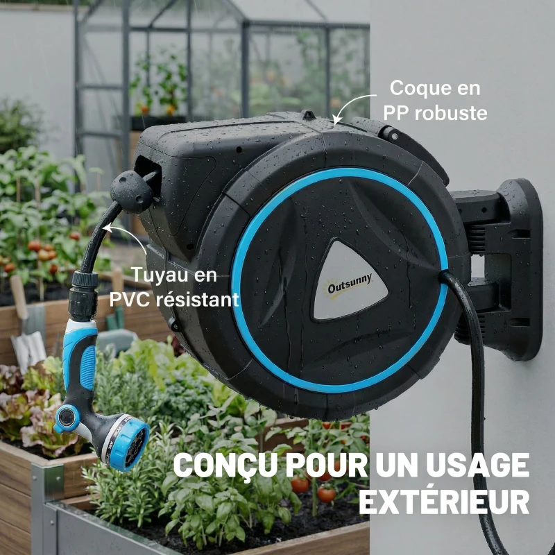 Outsunny Enrouleur Tuyau Arrosage Mural Automatique 23+2m Dévidoir Automatique Pistolet d'Arrosage 10+2 Modes 55x31x50cm Bleu