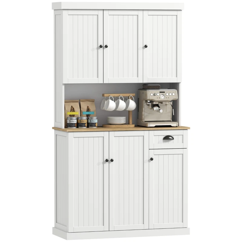 HOMCOM White Kitchen Cabinet 180cm Freestanding Modern Storage with Open Countertop Drawer 6 Doors Kitchen White