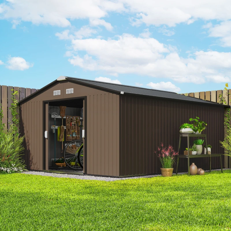 Outsunny Abrigo de Jardim Exterior para Armazenamento de Ferramentas com 4 Janelas 12,4 m² 340x386x200 cm Marrom