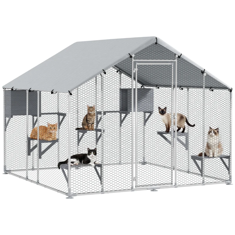 PawHut Jaula Grande para Gatos Exterior con 2 Casitas 7 Plataformas para Saltar Cubierta Impermeable y Anti-UV 240x193x195 cm