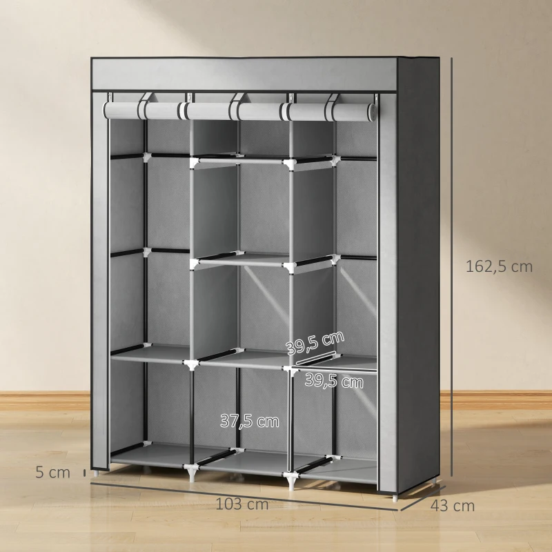 HOMCOM Armoire penderie multi-rangement - 8 étagères, 2 barres - non tissé gris clair