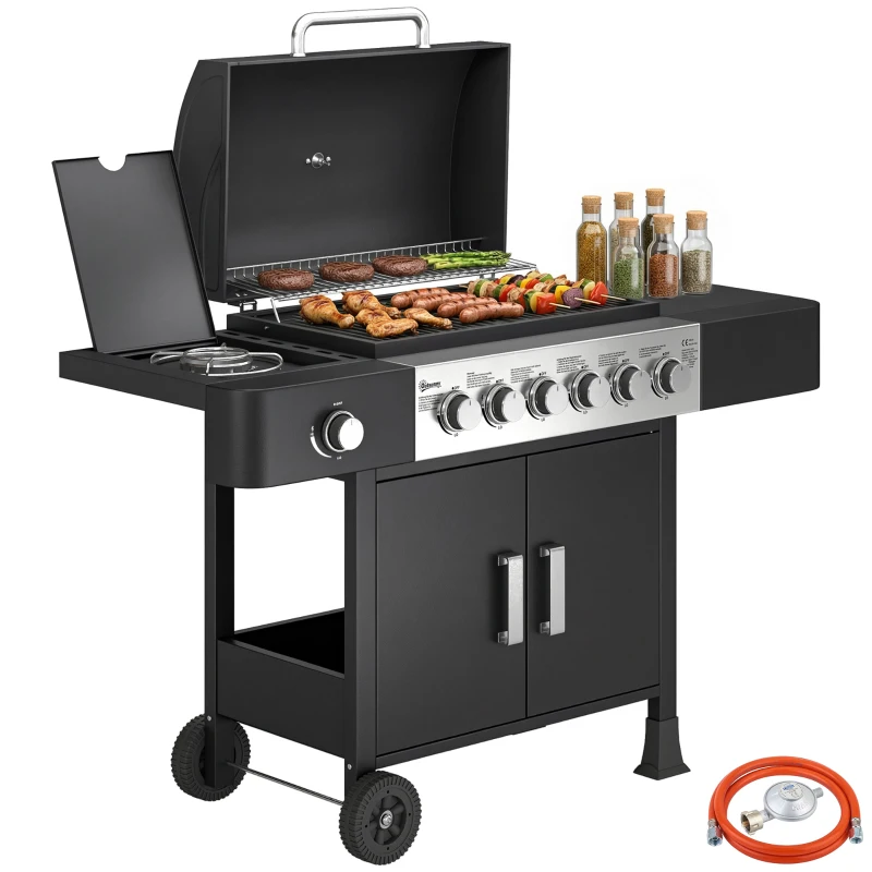 Outsunny Barbecue a Gas 17,8 KW, 6+1 Bruciatori, Carrello BBQ in Acciaio Inox con Ruote, Bruciatore Laterale, Termometro, Griglia Smaltata