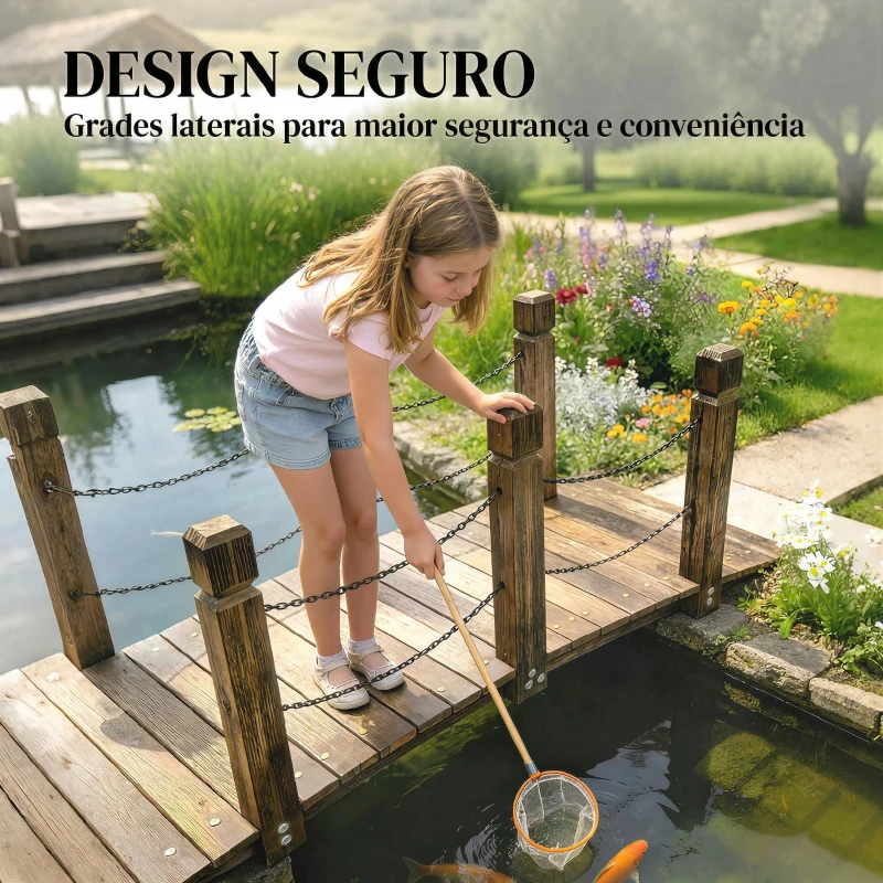 Outsunny Ponte de Jardim de Madeira 1,51 m Ponte Decorativa para Lagos Rústica com Corrimões de Segurança Carbonizada