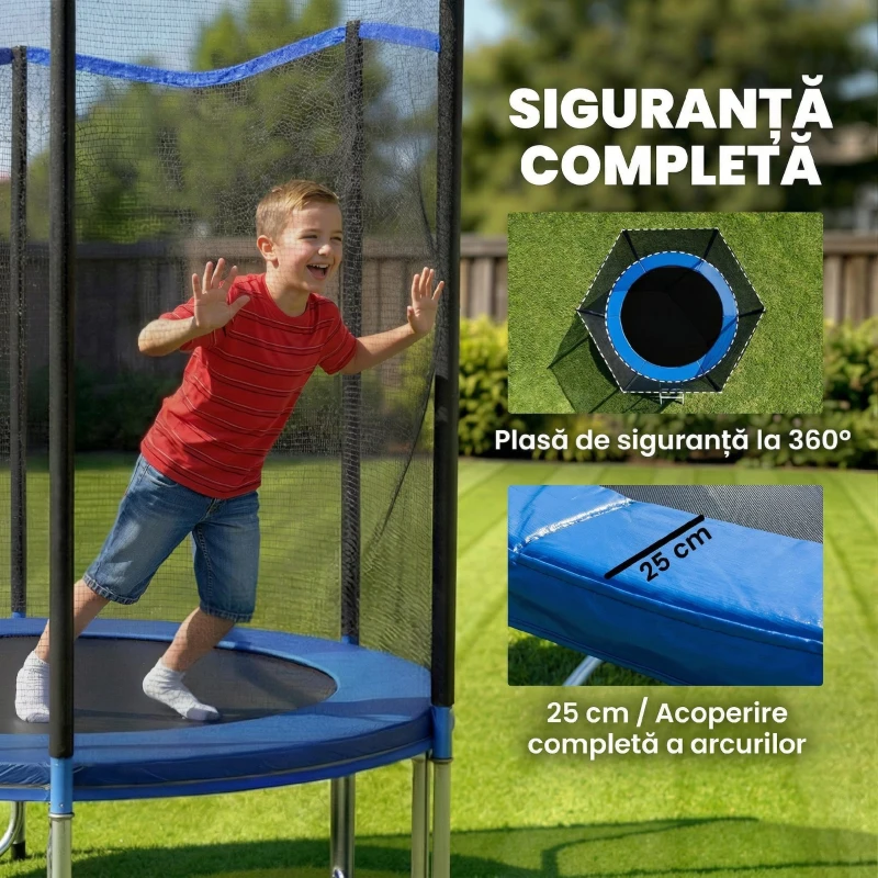 SPORTNOW Trambulină Elastică pentru Adulți Ø244cm, Covor Elastic pentru Adulți cu Plasă de Protecție, Scară cu 2 Trepte, Protecție pentru Arcuri, Structură din Oțel, Capacitate 100kg, Albastru