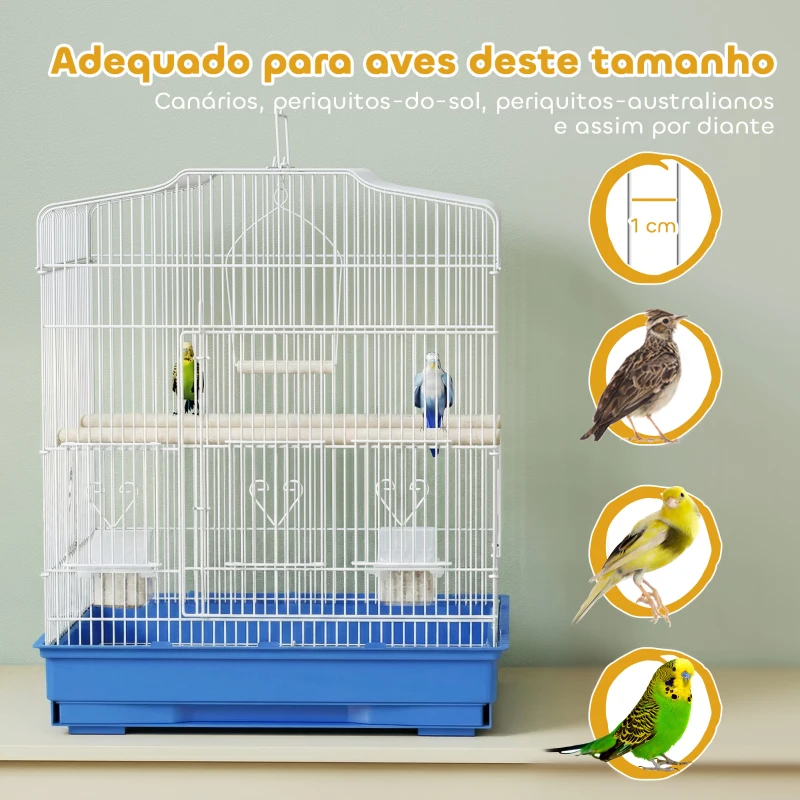 PawHut Gaiola para Pássaros Gaiola de Aço com 2 Recipientes 2 Poleiros Baloiço e Bandeja Removível Pega 46,5x36x59 cm Azul