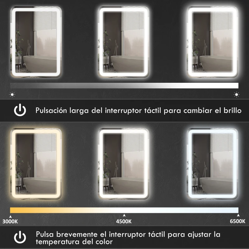 HOMCOM Espejo de Baño con Luces LED 50x70 cm Espejo de Pared Antivaho con 3 Temperaturas de Color Regulable Función de Memoria