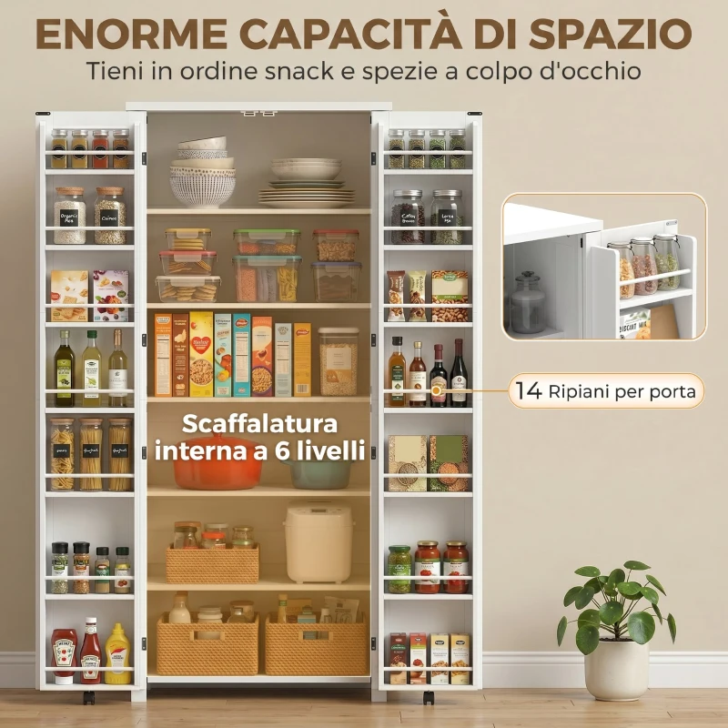 HOMCOM Mobile Cucina Alto con Ruote, 2 Ante, 14 Scomparti, 80x40x180 cm, Bianco