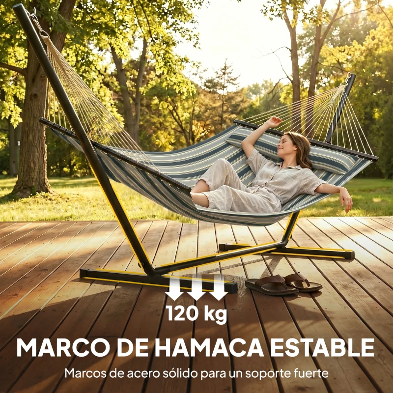 Outsunny Hamaca con Soporte Hamaca de Jardín Portátil con Almohada Desmontable Barras Separadoras 353x94x115 cm Verde