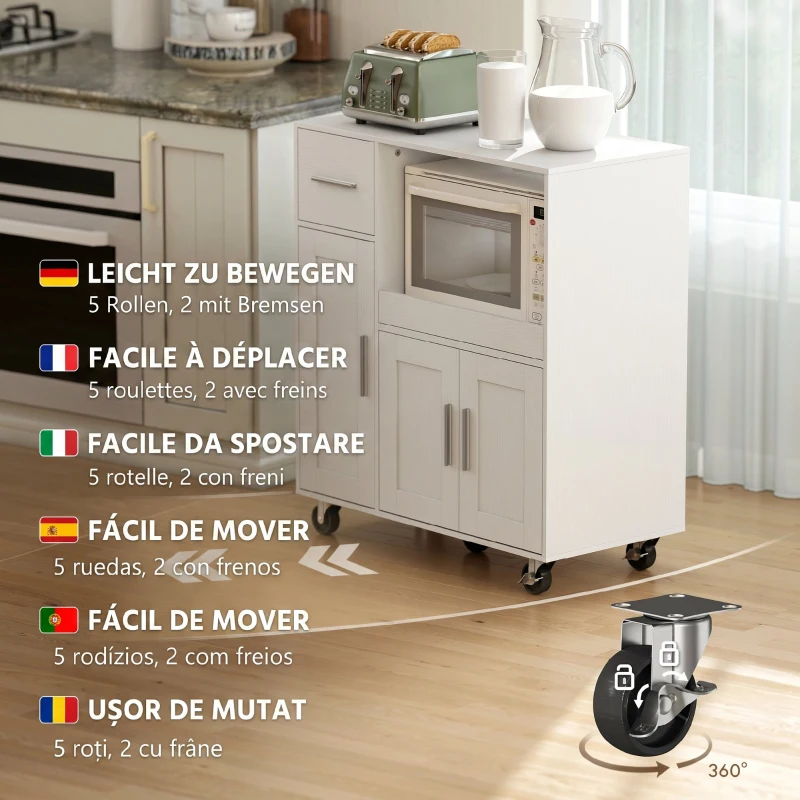 HOMCOM Dulap pentru Cuptorul cu Microunde din Lemn cu Sertar, 2 Dulapuri, Raft Deschis și Raft Reglabil, 80x40x88.7 cm, Alb