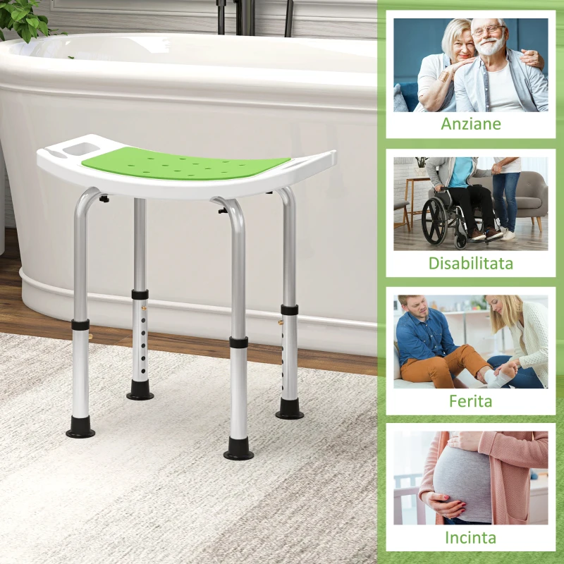 HOMCOM Sgabello da Doccia in Lega di Alluminio e Plastica Antiscivolo, Altezza Regolabile 6 Livelli 39-52cm, Verde
