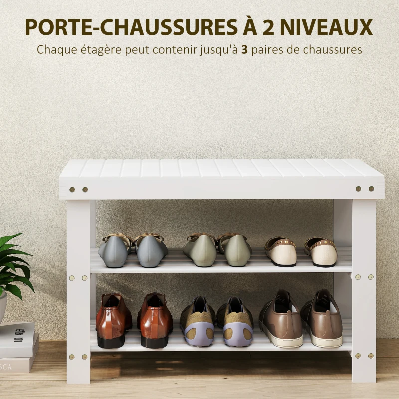 HOMCOM Banc à chaussures en bambou, étagère à chaussures à 3 niveaux, style scandinave, charge 136 Kg, 70 x 28 x 45 cm, blanc