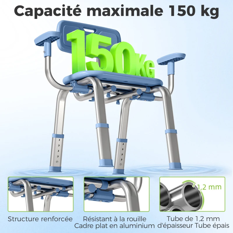 HOMCOM Tabouret de douche chaise de douche ergonomique avec accoudoirs, dossier, hauteur et siège réglables, bleu