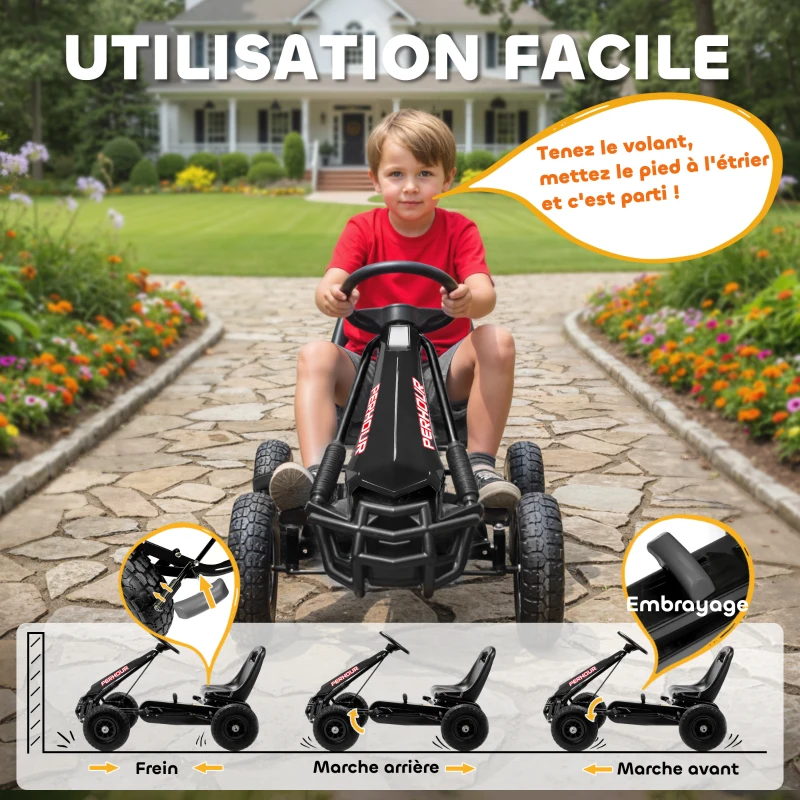 AIYAPLAY Kart à pédales Go-Kart pour enfants siège réglable pneus EVA embrayage manuel et frein 110 x 61 x 62 cm noir