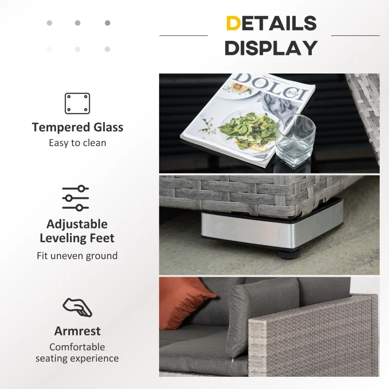 Outsunny 6 Seater Patio PE Rattan Wicker Sofa Set, Outdoor All Weather Conservatory Furniture, w/ Tempered Glass Coffee Table & Cushions, Deep Grey