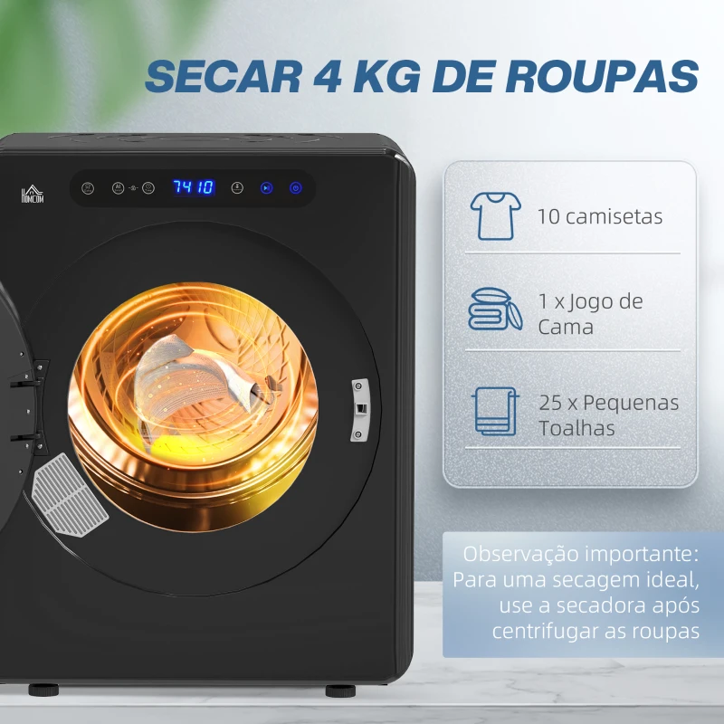 HOMCOM Máquina de Secar Roupa 3 KG 1000W Função Anti-Rugas Esterilizar Temporizador Ecrã LED Tátil Preto