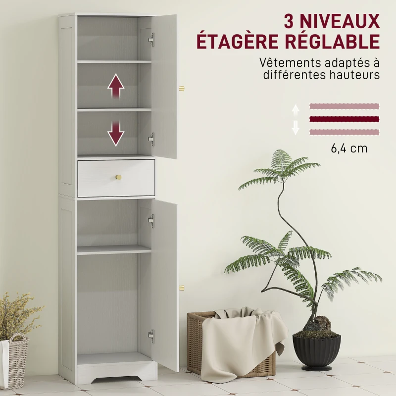 HOMCOM Armoire salle de bain haute meuble de rangement colonne avec placards tiroir et étagères réglables 40x29,5x170cm blanc