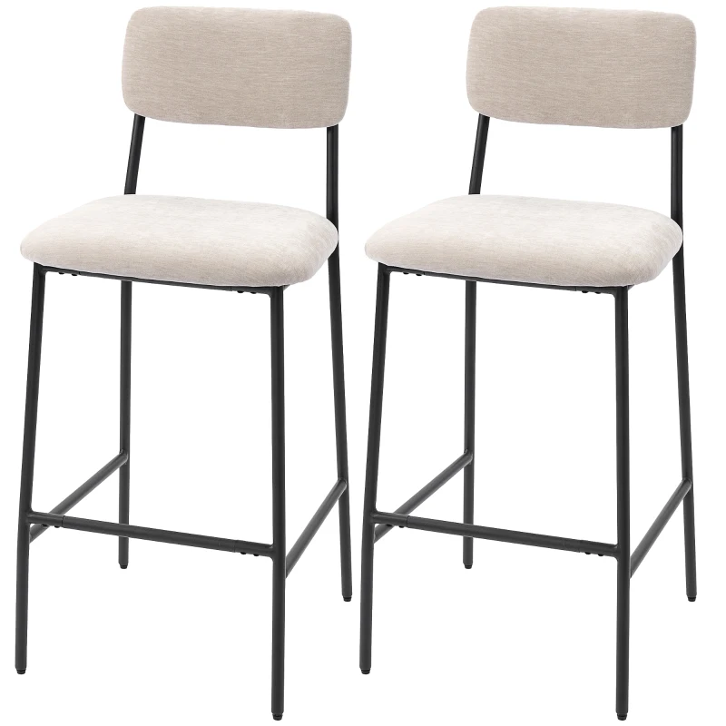 HOMCOM, Set 2 Scaune de Bar cu Spătar Înalt, Suport pentru Picioare, Chenille, oțel, 45.5 x 48 x 101cm, Crem